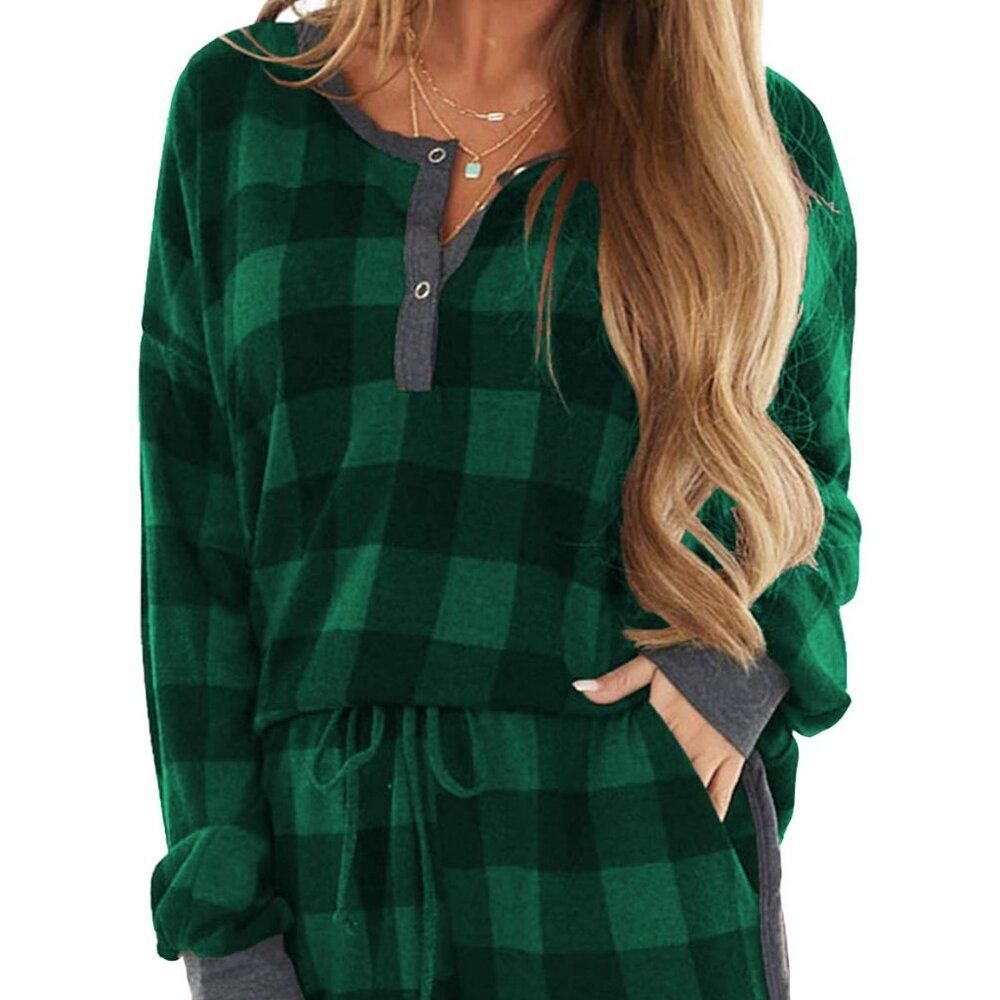 Pajama Set Shorts Soft Buffalo Plaid Loungewear Comfy Pjs Green